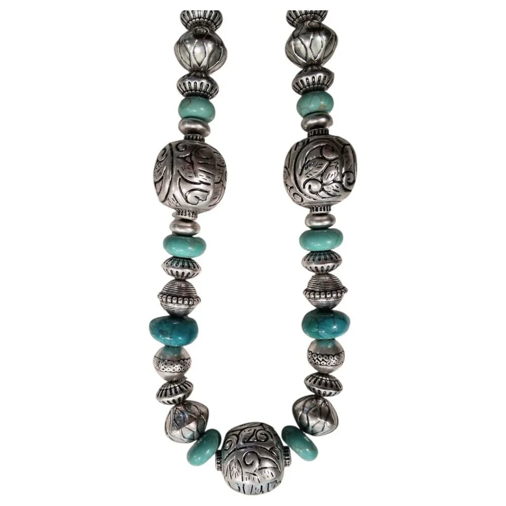 Chico's Turquoise & Silver Chunky Native American Style Necklace